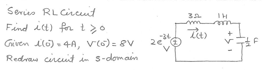 नत
Series RL Circuit
Find i(t) for to
Given i(o) = 4A, V(0)=8V
Redraw circuit in s-domain
-34
352
m
1H
π(t)