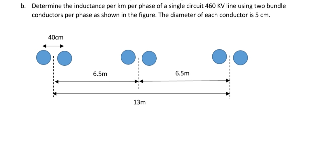 b. Determine the inductance per km per phase of a single circuit 460 KV line using two bundle
conductors per phase as shown in the figure. The diameter of each conductor is 5 cm.
40cm
6.5m
6.5m
13m
