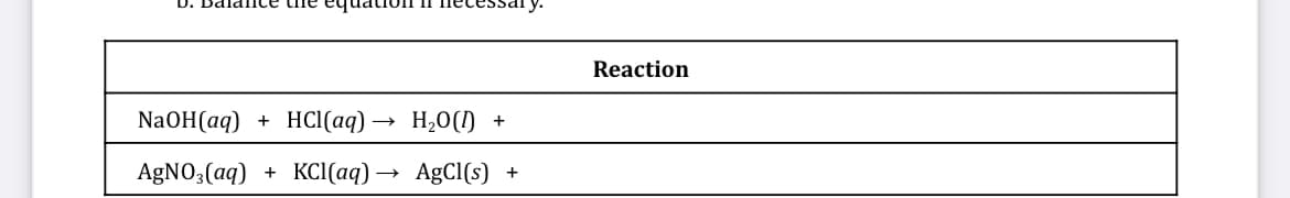 NaOH(aq) + HCl(aq) →
AgNO3(aq)
+
KCl(aq) →
H₂0 (1)
AgCl(s)
+
+
Reaction