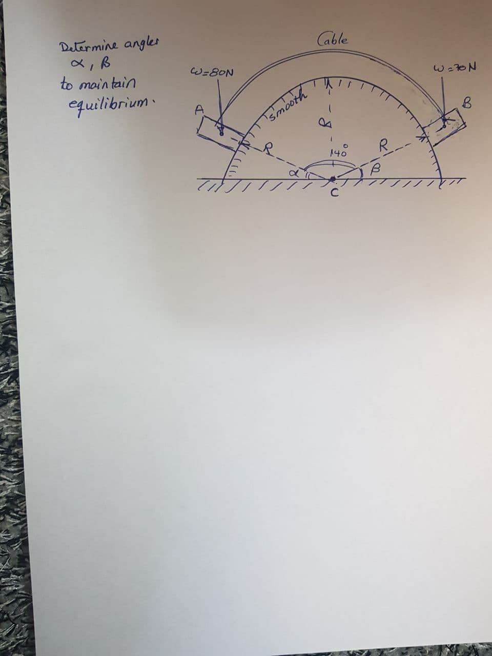 Determine angles
Cable
to main tain
W=8ON
equilibrium.
A.
smooth
R
140
