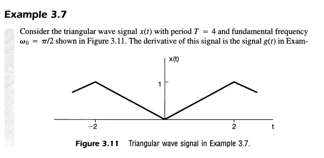 Example 3.7
Consider the triangular wave signal x(t) with period T = 4 and fundamental frequency
wo = π/2 shown in Figure 3.11. The derivative of this signal is the signal g(t) in Exam-
x(t)
-2
Figure 3.11
1
2
Triangular wave signal in Example 3.7.
t