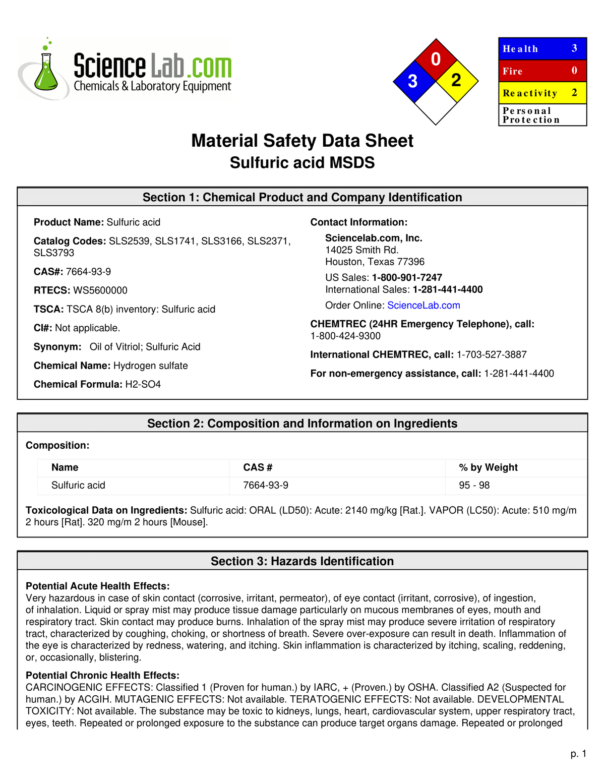 He a lth
3
Science Lab.com
Fire
Chemicals & Laboratory Equipment
2
Re activity
2
Pe rs onal
Protection
Material Safety Data Sheet
Sulfuric acid MSDS
Section 1: Chemical Product and Company ldentification
Product Name: Sulfuric acid
Contact Information:
Catalog Codes: SLS2539, SLS1741, SLS3166, SLS2371,
SLS3793
Sciencelab.com, Inc.
14025 Smith Rd.
Houston, Texas 77396
CAS#: 7664-93-9
US Sales: 1-800-901-7247
RTECS: WS5600000
International Sales: 1-281-441-4400
Order Online: ScienceLab.com
TSCA: TSCA 8(b) inventory: Sulfuric acid
CI#: Not applicable.
CHEMTREC (24HR Emergency Telephone), call:
1-800-424-9300
Synonym: Oil of Vitriol; Sulfuric Acid
International CHEMTREC, call: 1-703-527-3887
Chemical Name: Hydrogen sulfate
For non-emergency assistance, call: 1-281-441-4400
Chemical Formula: H2-SO4
Section 2: Composition and Information on Ingredients
Composition:
Name
CAS #
% by Weight
Sulfuric acid
7664-93-9
95 - 98
Toxicological Data on Ingredients: Sulfuric acid: ORAL (LD50): Acute: 2140 mg/kg [Rat.]. VAPOR (LC50): Acute: 510 mg/m
2 hours [Rat]. 320 mg/m 2 hours [Mouse].
Section 3: Hazards Identification
Potential Acute Health Effects:
Very hazardous in case of skin contact (corrosive, irritant, permeator), of eye contact (irritant, corrosive), of ingestion,
of inhalation. Liquid or spray mist may produce tissue damage particularly on mucous membranes of eyes, mouth and
respiratory tract. Skin contact may produce burns. Inhalation of the spray mist may produce severe irritation of respiratory
tract, characterized by coughing, choking, or shortness of breath. Severe over-exposure can result in death. Inflammation of
the eye is characterized by redness, watering, and itching. Skin inflammation is characterized by itching, scaling, reddening,
or, occasionally, blistering.
Potential Chronic Health Effects:
CARCINOGENIC EFFECTS: Classified 1 (Proven for human.) by IARC, + (Proven.) by OSHA. Classified A2 (Suspected for
human.) by ACGIH. MUTAGENIC EFFECTS: Not available. TERATOGENIC EFFECTS: Not available. DEVELOPMENTAL
TOXICITY: Not available. The substance may be toxic to kidneys, lungs, heart, cardiovascular system, upper respiratory tract,
eyes, teeth. Repeated or prolonged exposure to the substance can produce target organs damage. Repeated or prolonged
р. 1
