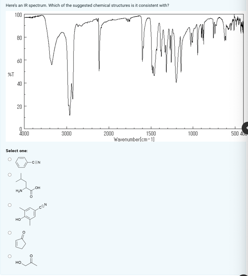 Here's an IR spectrum. Which of the suggested chemical structures is it consistent with?
100
%T
80
60
40
20
4000
Select one:
H₂N
HO
-CEN
OH
ноя
3000
2000
Paym
1500
Wavenumber[cm-1]
1000
500 400