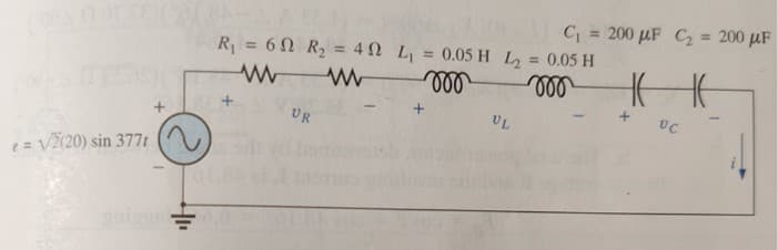 e = √/2(20) sin 377t
R₁ = 60 R₂
www
UR
40 L₁ = 0.05 H L₂
moo voo
+
C₁ = 200 μF C₂ = 200 μF
UL
= 0.05 H
HEE
UC