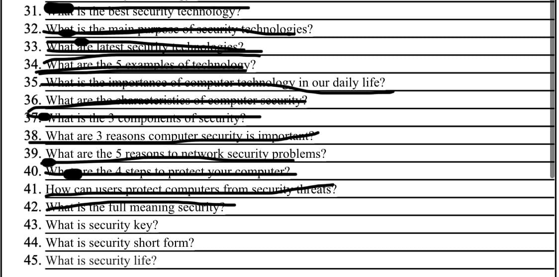 31.
is the best security technology!
32. What is the main purpose of security technologies?
33. What are latest security technologies?
34. What are the 5 examples of technology?
35. What is the importance of computer technology in our daily life?
36. What are the characteristics of computer security?
37. What is the 3 components of security?
38. What are 3 reasons computer security is important?
39. What are the 5 reasons to network security problems?
40. Wh
re the 4 steps to protect your computer?
41. How can users protect computers from security threats?
42. What is the full meaning security?
43. What is security key?
44. What is security short form?
45. What is security life?