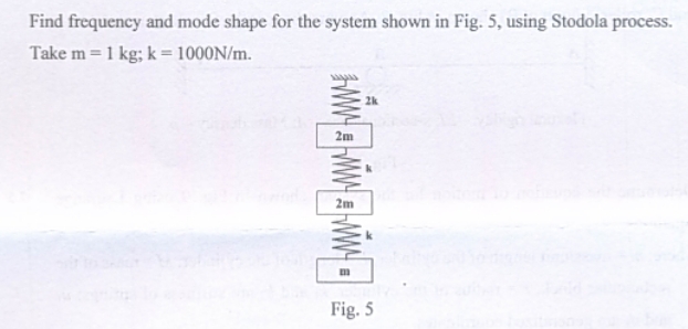 Find frequency and mode shape for the system shown in Fig. 5, using Stodola process.
Take m = 1 kg; k = 1000N/m.
wwwwww
m
2k
Fig. 5