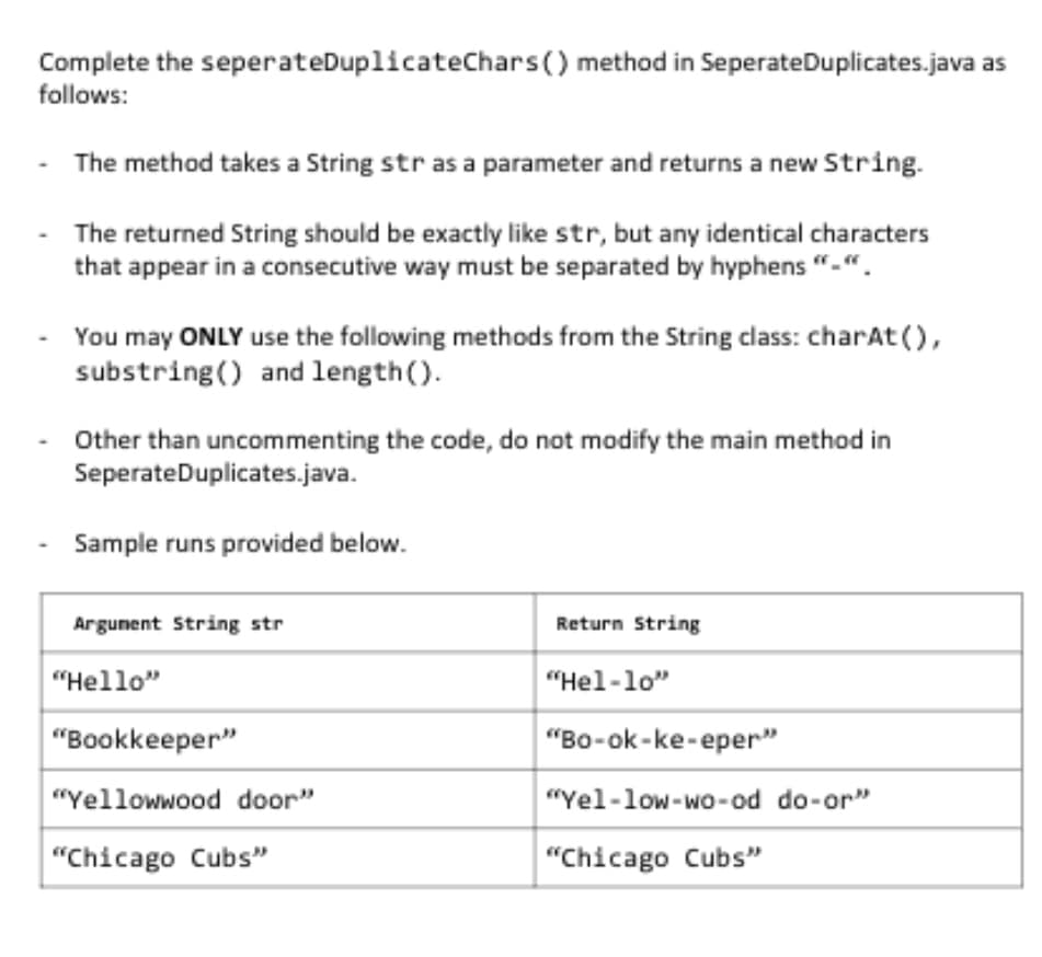 Complete the seperateDuplicateChars () method in SeperateDuplicates.java as
follows:
- The method takes a String str as a parameter and returns a new String.
The returned String should be exactly like str, but any identical characters
that appear in a consecutive way must be separated by hyphens "-".
You may ONLY use the following methods from the String class: charAt(),
substring() and length().
Other than uncommenting the code, do not modify the main method in
SeperateDuplicates.java.
Sample runs provided below.
Argument String str
"Hello"
"Bookkeeper"
"Yellowwood door"
"Chicago Cubs"
Return String
"Hel-lo"
"Bo-ok-ke-eper"
"Yel-low-wo-od do-or"
"Chicago Cubs"