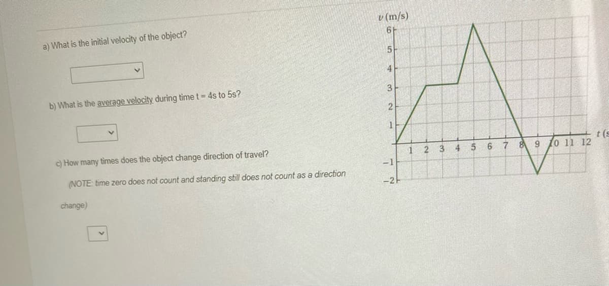 v (m/s)
a) What is the initial velocity of the object?
61
3
b) What is the average velocity during time t= 4s to 5s?
2
c) How many times does the object change direction of travel?
7.
t (s
to 11 12
4.
-1
(NOTE: time zero does not count and standing still does not count as a direction
-2
change)
