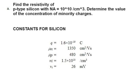 Find the resistivity of
a. p-type silicon with NA = 10^10 /cm^3. Determine the value
of the concentration of minority charges.
CONSTANTS FOR SILICON
q=
un =
Hp =
ni =
V₂ =
1.6×10-19 C
1350 cm²/Vs
480 cm²/Vs
1.5×10¹⁰ /cm³
26
mV