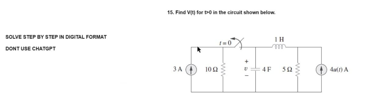 SOLVE STEP BY STEP IN DIGITAL FORMAT
DONT USE CHATGPT
15. Find V(t) for t>0 in the circuit shown below.
3 A
10 22
t=0
+51
4 F
1 H
592
4u(t) A