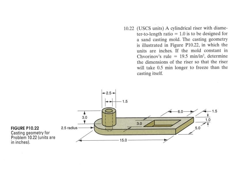 FIGURE P10.22
Casting geometry for
Problem 10.22 (units are
in inches).
2.5 radius
3.0
+2.5-
10.22 (USCS units) A cylindrical riser with diame-
ter-to-length ratio=1.0 is to be designed for
a sand casting mold. The casting geometry
is illustrated in Figure P10.22, in which the
units are inches. If the mold constant in
Chvorinov's rule = 19.5 min/in², determine
the dimensions of the riser so that the riser
will take 0.5 min longer to freeze than the
casting itself.
1.5
15.0
3.0
6.0-
5.0
1.0
1.5