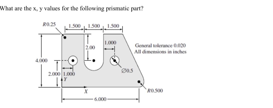 What are the x, y values for the following prismatic part?
R0.25
1.500
1.500 1.500
4.000
2.000 1.000
Y
1.000
2.00
X
6.000·
00.5
General tolerance 0.020
All dimensions in inches
R0.500