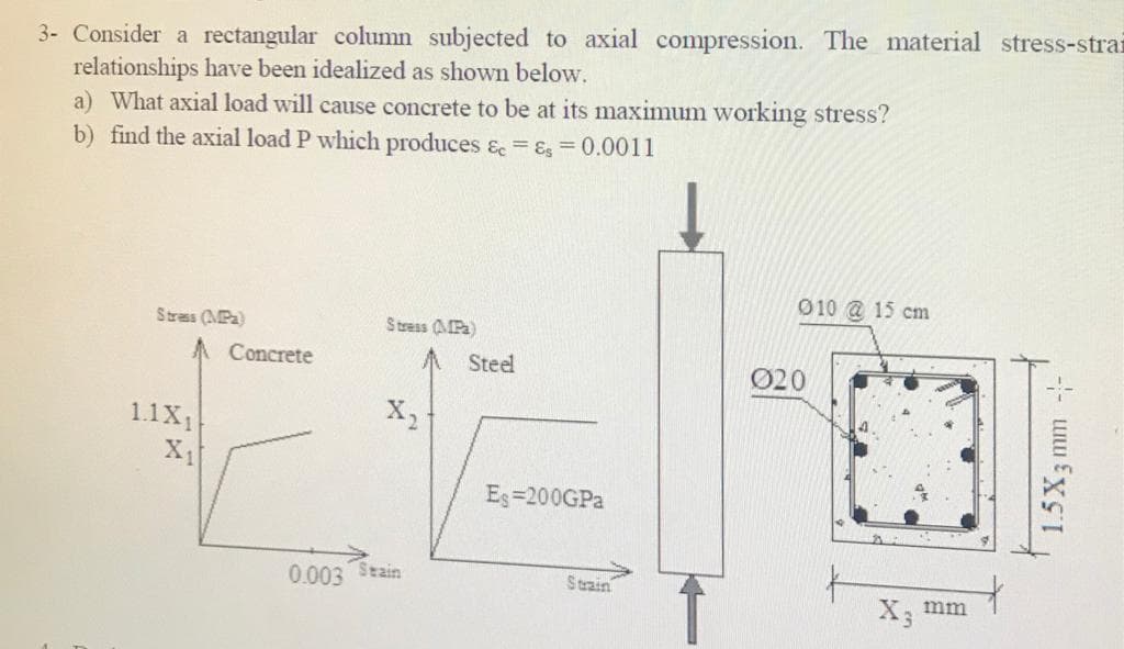 3- Consider a rectangular column subjected to axial compression. The material stress-strai
relationships have been idealized as shown below.
a) What axial load will cause concrete to be at its maximum working stress?
b) find the axial load P which produces & = & = 0.0011
010 @ 15 cm
Strass (MPa)
Stress MPa)
A Concrete
Steel
020
1.1X
X,
Es=200GPA
0.003 Stain
Strain
X, mm
1.5X3 mm -
