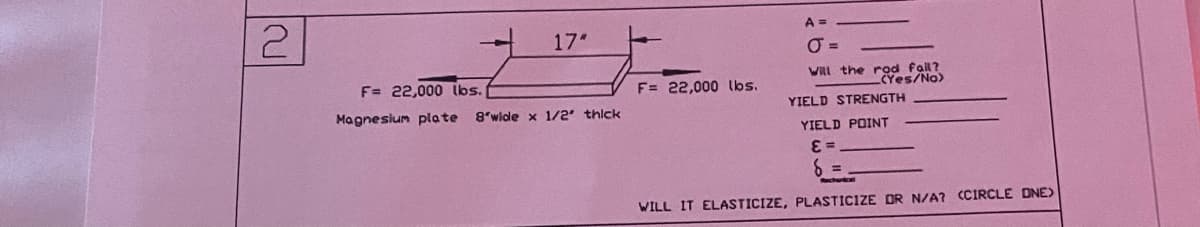 2
17"
F= 22,000 lbs.
Magnesium plate 8'wide x 1/2" thick
F= 22,000 lbs.
A =
O=
Will the rod fall?
(Yes/No)
YIELD STRENGTH
YIELD POINT
E=
WILL IT ELASTICIZE, PLASTICIZE DR N/A? (CIRCLE ONE)