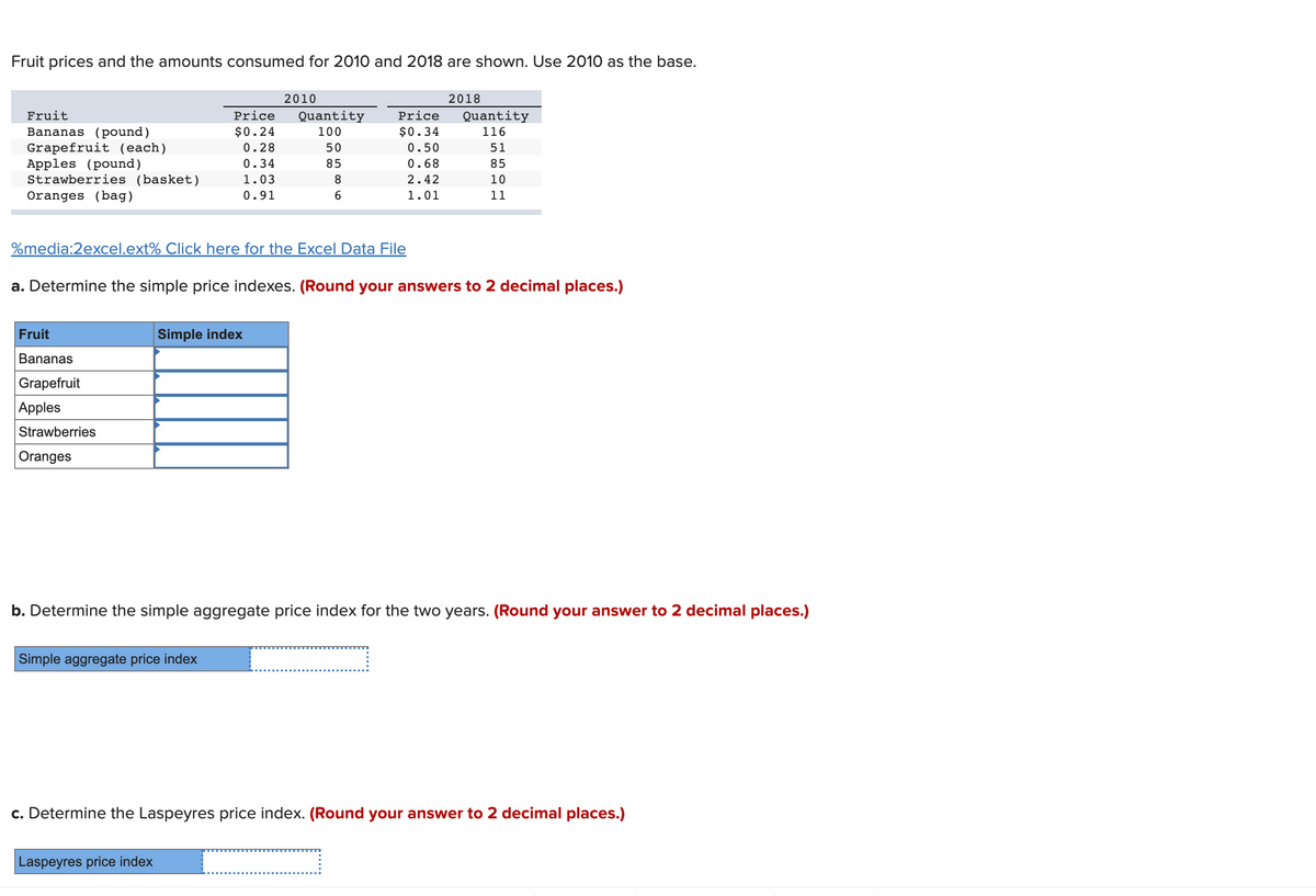 Fruit prices and the amounts consumed for 2010 and 2018 are shown. Use 2010 as the base.
Fruit
Bananas (pound)
Grapefruit (each)
Apples (pound)
Strawberries (basket)
Oranges (bag)
Fruit
Bananas
Grapefruit
Apples
Strawberries
Oranges
%media:2excel.ext% Click here for the Excel Data File
2010
Price Quantity Price
$0.24
100
$0.34
0.28
0.50
0.34
0.68
1.03
2.42
0.91
1.01
Simple index
Simple aggregate price index
50
85
8
6
Laspeyres price index
2018
a. Determine the simple price indexes. (Round your answers to 2 decimal places.)
Quantity
116
51
85
10
11
b. Determine the simple aggregate price index for the two years. (Round your answer to 2 decimal places.)
c. Determine the Laspeyres price index. (Round your answer to 2 decimal places.)