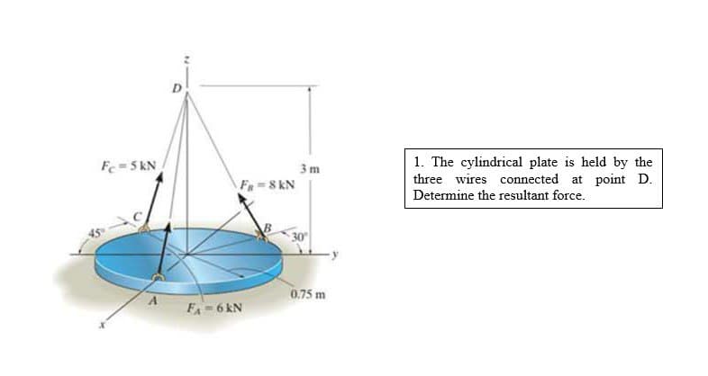 Fc = 5 kN
3m
F = 8 KN
F₁ = 6 kN
0.75 m
1. The cylindrical plate is held by the
three wires connected at point D.
Determine the resultant force.