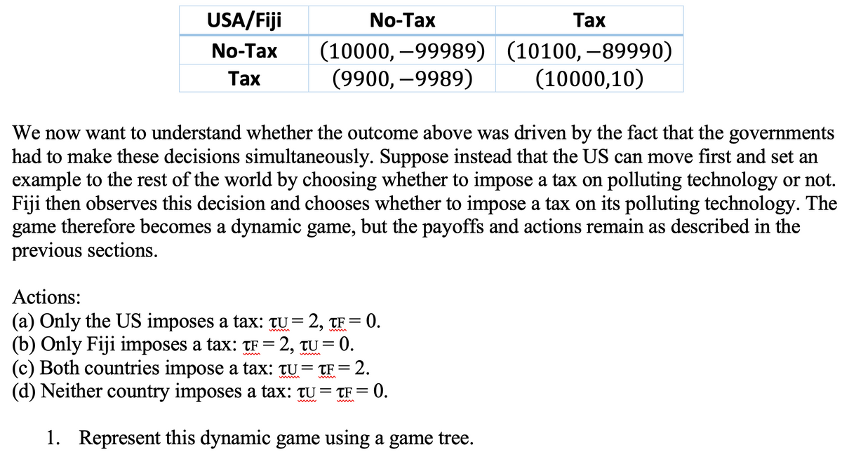 USA/Fiji
No-Tax
Tax
No-Tax (10000,-99989) (10100,-89990)
(9900,-9989)
Tax
(10000,10)
We now want to understand whether the outcome above was driven by the fact that the governments
had to make these decisions simultaneously. Suppose instead that the US can move first and set an
example to the rest of the world by choosing whether to impose a tax on polluting technology or not.
Fiji then observes this decision and chooses whether to impose a tax on its polluting technology. The
game therefore becomes a dynamic game, but the payoffs and actions remain as described in the
previous sections.
Actions:
(a) Only the US imposes a tax: tu = 2, tf = 0.
(b) Only Fiji imposes a tax: TF = 2, tu = 0.
(c) Both countries impose a tax: TU = TF = 2.
(d) Neither country imposes a tax: TU = TF = 0.
1. Represent this dynamic game using a game tree.