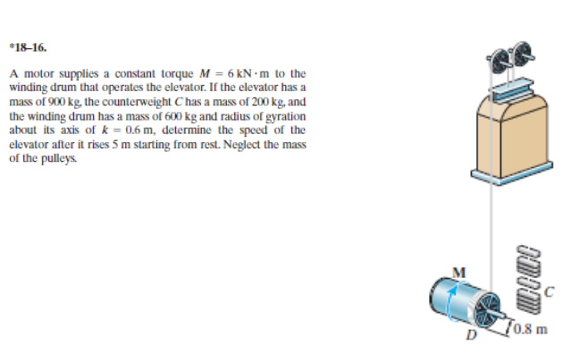 winding drum that operates the elevator. If the elevator has a
mass of 900 kg, the counterweight C has a mass of 200 kg, and
sam
the winding drum has a mass of 600 kg and radius of gyration
about its axis of k = 0,6 m, determine the speed of the
elevator after it rises 5 m starting from rest. Neglect the mass
of the pulleys
