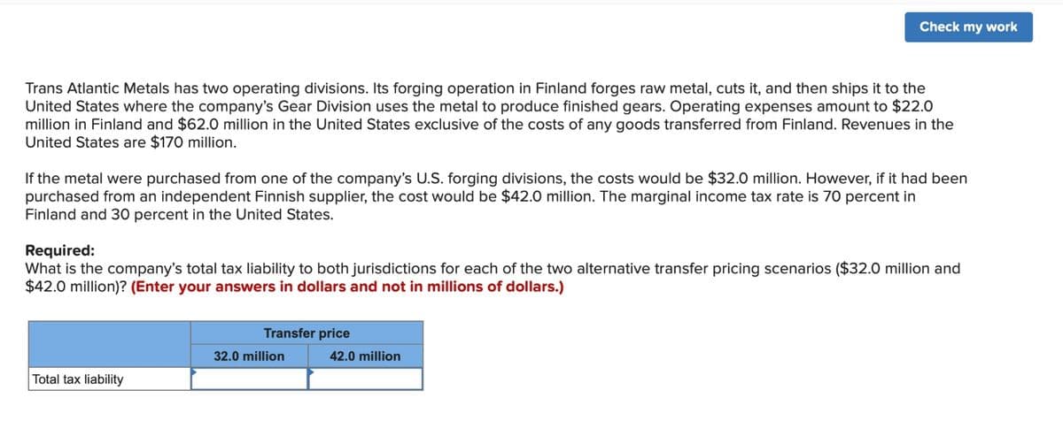 Trans Atlantic Metals has two operating divisions. Its forging operation in Finland forges raw metal, cuts it, and then ships it to the
United States where the company's Gear Division uses the metal to produce finished gears. Operating expenses amount to $22.0
million in Finland and $62.0 million in the United States exclusive of the costs of any goods transferred from Finland. Revenues in the
United States are $170 million.
If the metal were purchased from one of the company's U.S. forging divisions, the costs would be $32.0 million. However, if it had been
purchased from an independent Finnish supplier, the cost would be $42.0 million. The marginal income tax rate is 70 percent in
Finland and 30 percent in the United States.
Required:
What is the company's total tax liability to both jurisdictions for each of the two alternative transfer pricing scenarios ($32.0 million and
$42.0 million)? (Enter your answers in dollars and not in millions of dollars.)
Total tax liability
Check my work
Transfer price
32.0 million
42.0 million