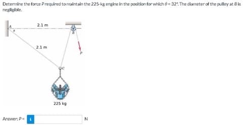 Determine the force Prequired to maintain the 225-kg engine in the position for which = 32". The diameter of the pulley at Bis
negligible.
Answer: P
2.1 m
2.1 m
225 kg
N