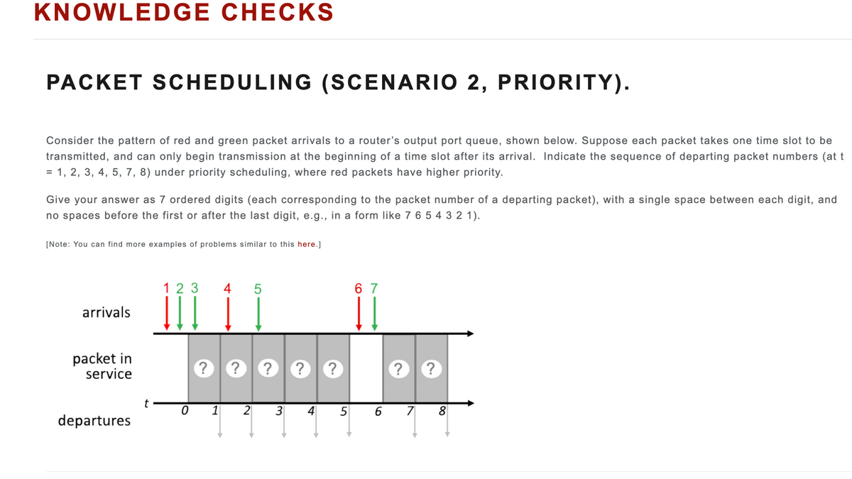 KNOWLEDGE CHECKS
PACKET SCHEDULING (SCENARIO 2, PRIORITY).
Consider the pattern of red and green packet arrivals to a router's output port queue, shown below. Suppose each packet takes one time slot to be
transmitted, and can only begin transmission at the beginning of a time slot after its arrival. Indicate the sequence of departing packet numbers (at t
1, 2, 3, 4, 5, 7, 8) under priority scheduling, where red packets have higher priority.
=
Give your answer as 7 ordered digits (each corresponding to the packet number of a departing packet), with a single space between each digit, and
no spaces before the first or after the last digit, e.g., in a form like 7 6 5 4 3 2 1).
[Note: You can find more examples of problems similar to this here.]
arrivals
packet in
service
departures
t
1 2 3 4 5
?
?
0 1 2
???
3
4
5
6 7
6
? ?
7 8