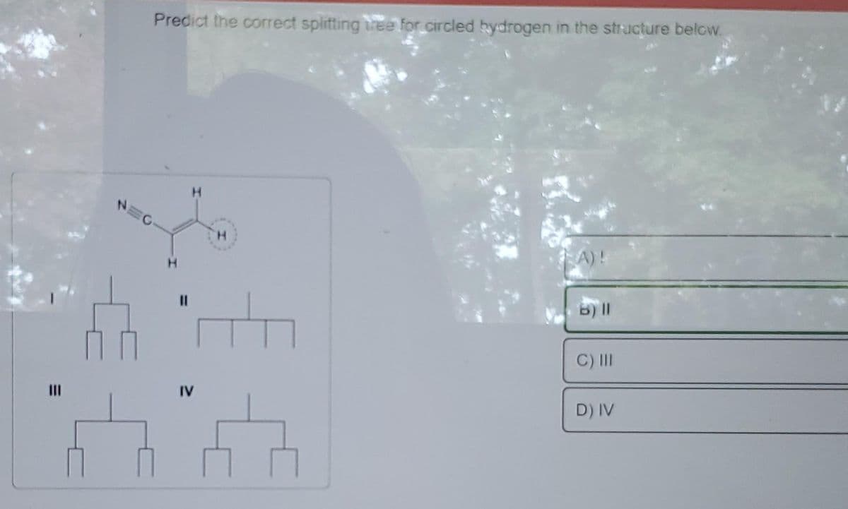 E
Predict the correct splitting tree for circled hydrogen in the structure below.
||
IV
H
A)!
C) III
D) IV