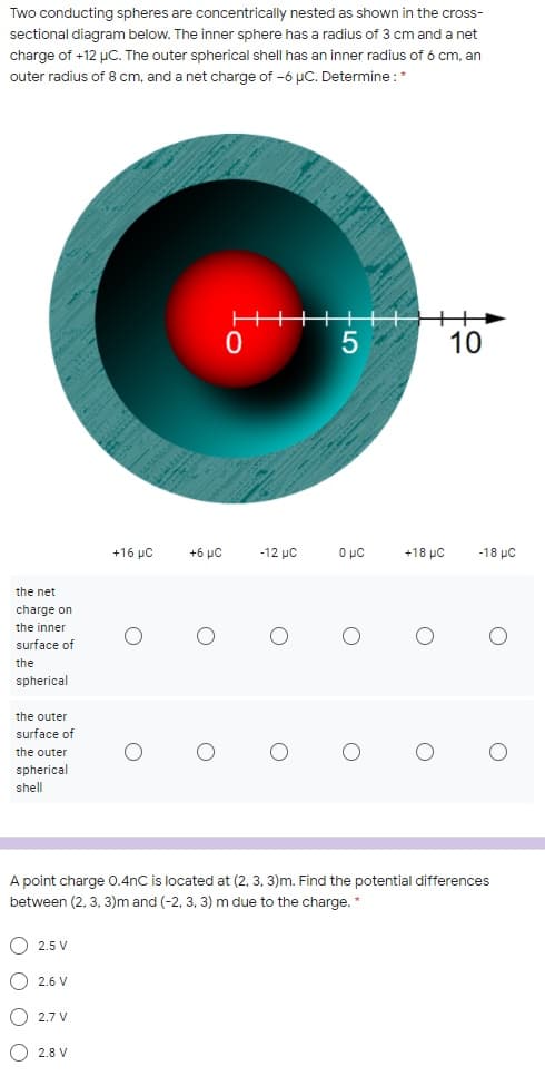 Two conducting spheres are concentrically nested as shown in the cross-
sectional diagram below. The inner sphere has a radius of 3 cm and a net
charge of +12 uC. The outer spherical shell has an inner radius of ó cm, an
outer radius of 8 cm, and a net charge of -6 µC. Determine :*
10
+16 µC
+6 µC
-12 µC
Ο μ
+18 µC
-18 µC
the net
charge on
the inner
surface of
the
spherical
the outer
surface of
the outer
spherical
shell
A point charge 0.4nC is located at (2, 3, 3)m. Find the potential differences
between (2, 3, 3)m and (-2, 3, 3) m due to the charge. *
O 2.5 V
O 2.6 V
2.7 V
2.8 V
