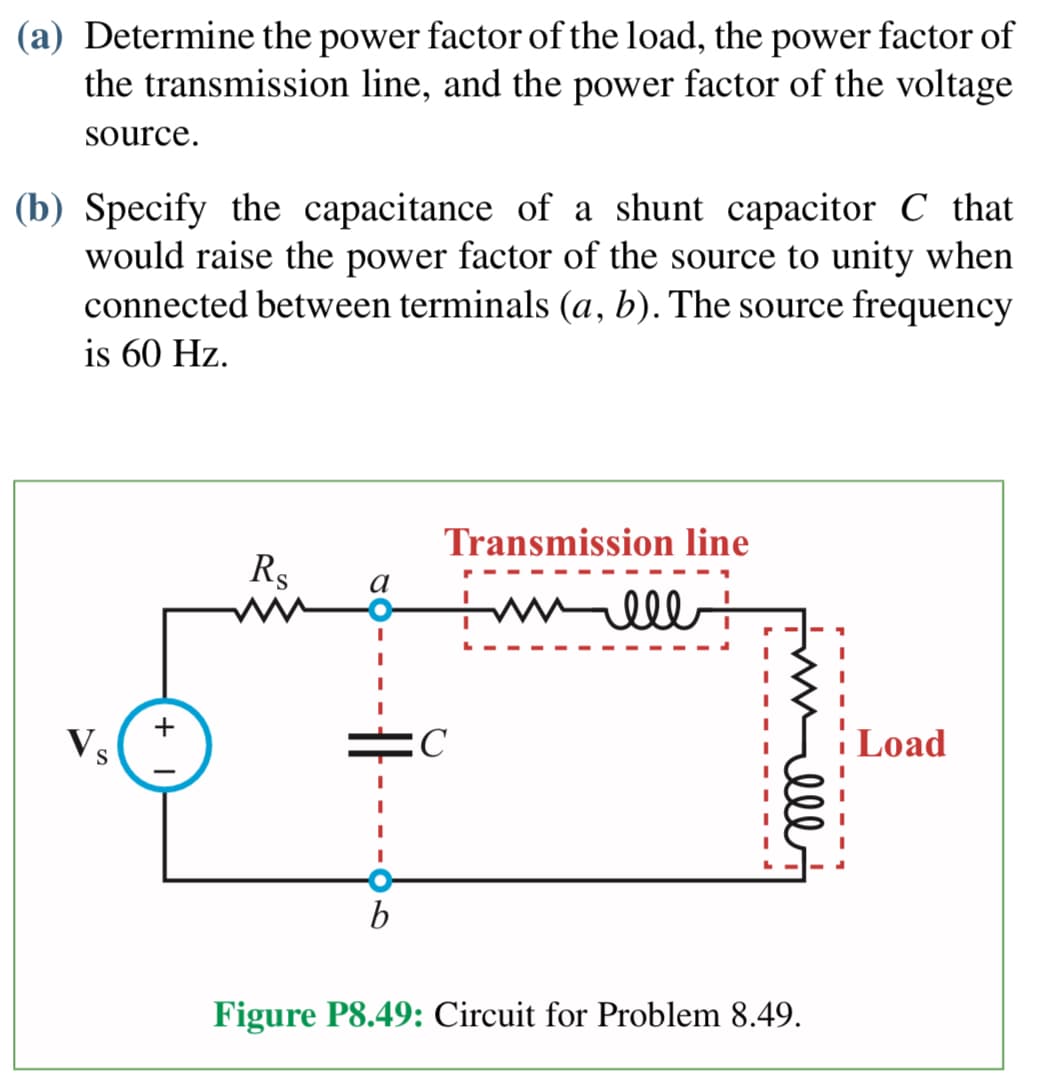 (a) Determine the power factor of the load, the power factor of
the transmission line, and the power factor of the voltage
source.
(b) Specify the capacitance of a shunt capacitor C that
would raise the power factor of the source to unity when
connected between terminals (a, b). The source frequency
is 60 Hz.
Vs
+
Rs a
I
b
Transmission line
immell
C
I
I
I
I
immell
Figure P8.49: Circuit for Problem 8.49.
Load