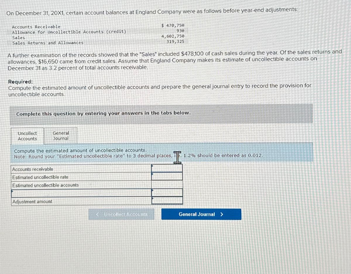 On December 31, 20X1, certain account balances at England Company were as follows before year-end adjustments:
Accounts Receivable
Allowance for Uncollectible Accounts (credit)
Sales
Sales Returns and Allowances
$ 470,750
930
4,602,750
319,325
A further examination of the records showed that the "Sales" included $478,100 of cash sales during the year. Of the sales returns and
allowances, $16,650 came from credit sales. Assume that England Company makes its estimate of uncollectible accounts on
December 31 as 3.2 percent of total accounts receivable.
Required:
Compute the estimated amount of uncollectible accounts and prepare the general journal entry to record the provision for
uncollectible accounts.
Complete this question by entering your answers in the tabs below.
Uncollect
Accounts
General
Journal
Compute the estimated amount of uncollectible accounts.
Note: Round your "Estimated uncollectible rate" to 3 decimal places, I
Accounts receivable
Estimated uncollectible rate
Estimated uncollectible accounts
Adjustment amount
1.2% should be entered as 0.012.
< Uncollect Accounts
General Journal >