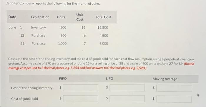 Jennifer Company reports the following for the month of June.
Unit
Date
Explanation
Units.
Total Cost
Cost
June
1.
Inventory
500
$5
$2,500
12
Purchase
800
6.
4,800
23
Purchase
1,000
7.
7,000
Calculate the cost of the ending inventory and the cost of goods sold for each cost flow assumption, using a perpetual inventory
system. Assume a sale of 870 units occurred on June 15 for a selling price of $8 and a sale of 900 units on June 27 for $9. (Round
average cost per unit to 3 decimal places, eg. 5.254 and final answers to O decimal places, eg. 2,520.)
FIFO
LIFO
Moving Average
Cost of the ending inventory
%24
Cost of goods sold
%24
24
