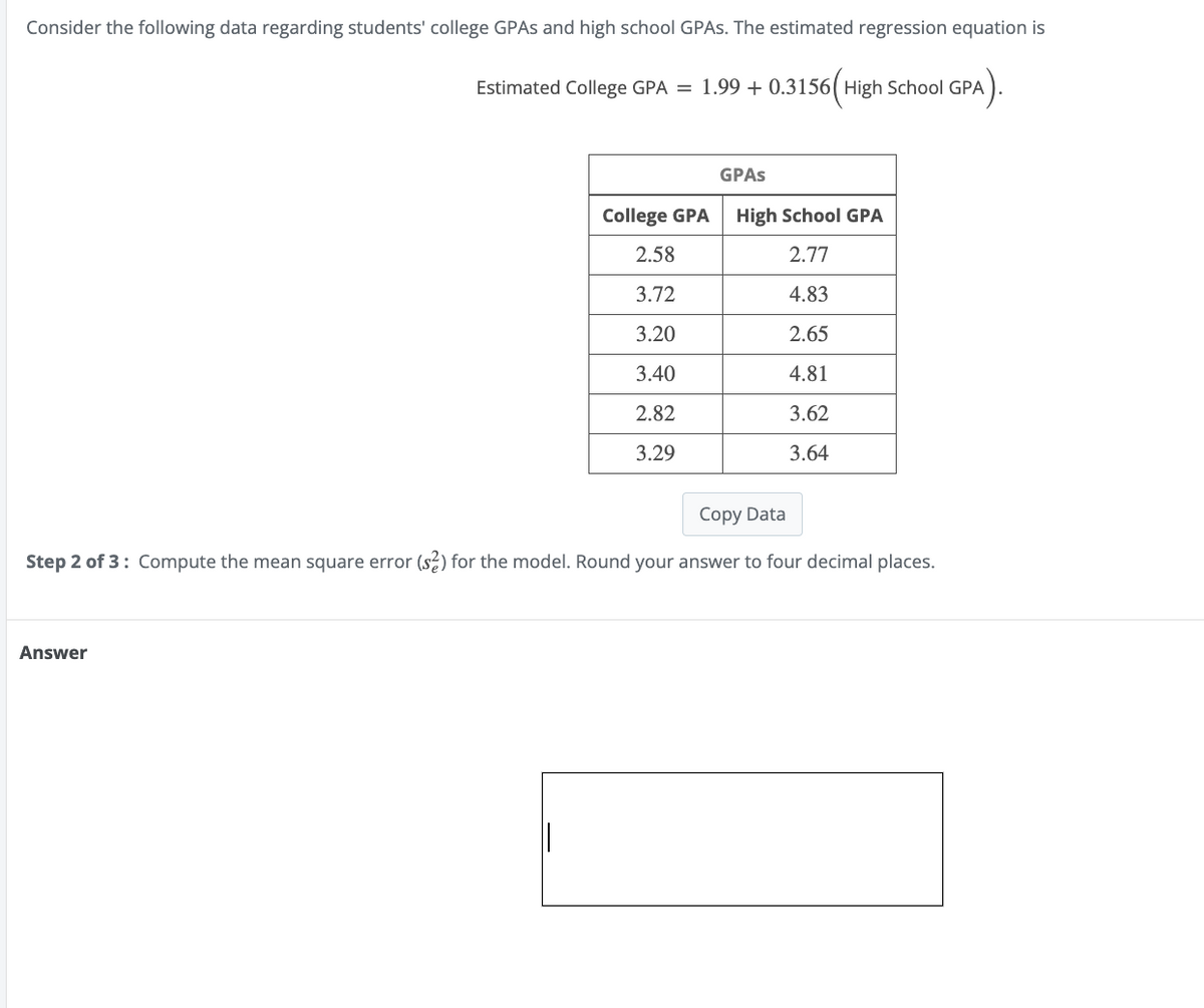 Consider the following data regarding students' college GPAs and high school GPAs. The estimated regression equation is
Estimated College GPA = 1.99+ 0.3156(High School GPA
SPA).
GPAs
College GPA
High School GPA
2.58
2.77
3.72
4.83
3.20
2.65
3.40
4.81
2.82
3.62
3.29
3.64
Copy Data
Step 2 of 3: Compute the mean square error (s?) for the model. Round your answer to four decimal places.
Answer