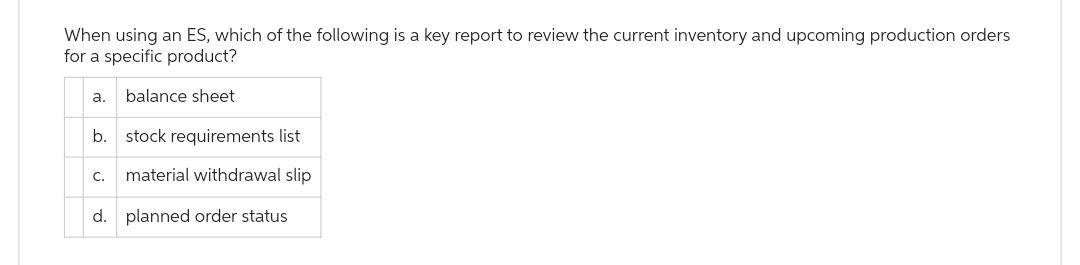 When using an ES, which of the following is a key report to review the current inventory and upcoming production orders
for a specific product?
balance sheet
b. stock requirements list
C. material withdrawal slip
d. planned order status
a.