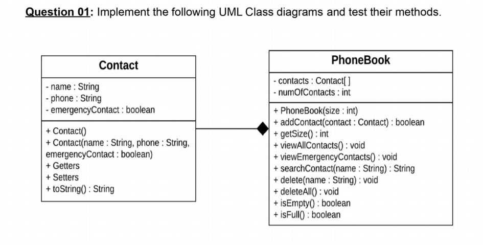 Question 01: Implement the following UML Class diagrams and test their methods.
PhoneBook
Contact
- contacts : Contact[ ]
- numOfContacts : int
|- name : String
- phone : String
emergencyContact : boolean
+ Contact()
+ Contact(name : String, phone : String,
emergencyContact : boolean)
+ Getters
+ Setters
+ toString() : String
+ PhoneBook(size : int)
+ addContact(contact : Contact) : boolean
+ getSize() : int
+ viewAllContacts() : void
+ viewEmergencyContacts() : void
+ searchContact(name : String) : String
+ delete(name : String) : void
+ deleteAll() : void
+ isEmpty() : boolean
+ isFull) : boolean

