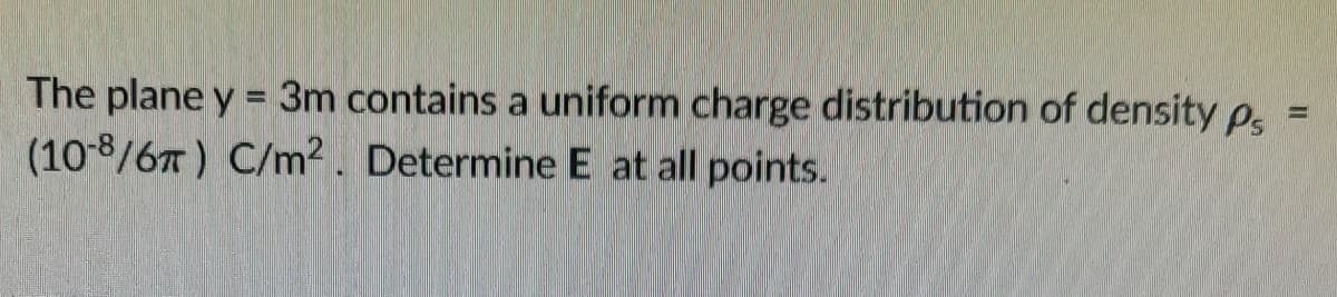 The plane y = 3m contains a uniform charge distribution of density p,
(108/67) C/m2. Determine E at all points.
