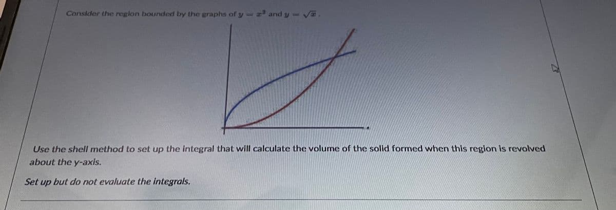 Consider the region bounded by the graphs of y- and y-v
Use the shell method to set up the integral that will calculate the volume of the solid formed when this region is revolved
about the y-axis.
Set up but do not evaluate the integrals.
