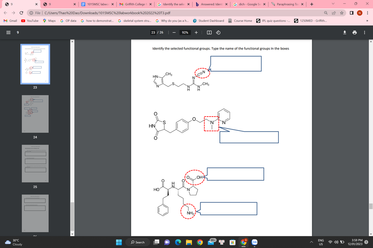 9
9
X
30°C
Cloudy
← → с Ⓒ File | C:/Users/Thao%20Dao/Downloads/1015MSC%20labworkbook%202022%20T3.pdf
M Gmail
YouTube
hoof
23
24
59
25
X
1015MSC labworx Griffith College | X G Identify the selec X
Maps G OP data G how to demonstrat... G skeletal system stru... G Why do you (as a h...
▬
23/26
O Search
HN-
HN
92%
CH3
HO
P Student Dashboard
+
Answered: Identi X
Identify the selected functional groups. Type the name of the functional groups In the boxes
Lors
NH₂,
CEN
H
CH3
OH
G dich - Google Se X
99+
Course Home
H
Paraphrasing Toc x
Zalo
IPL quiz questions -...
+
0
1250MED - Griffith...
ENG
US
16
T
U
X
N :
3:59 PM
12/01/2023
>>>