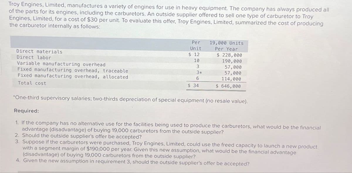 Troy Engines, Limited, manufactures a variety of engines for use in heavy equipment. The company has always produced all
of the parts for its engines, including the carburetors. An outside supplier offered to sell one type of carburetor to Troy
Engines, Limited, for a cost of $30 per unit. To evaluate this offer, Troy Engines, Limited, summarized the cost of producing
the carburetor internally as follows:
Direct materials
Direct labor
Variable manufacturing overhead
Fixed manufacturing overhead, traceable
Fixed manufacturing overhead, allocated
Total cost
Per
19,000 Units
Unit
Per Year
$ 12
$ 228,000
10
3
190,000
57,000
3*
6
57,000
114,000
$ 34
$ 646,000
"One-third supervisory salaries; two-thirds depreciation of special equipment (no resale value).
Required:
1. If the company has no alternative use for the facilities being used to produce the carburetors, what would be the financial
advantage (disadvantage) of buying 19,000 carburetors from the outside supplier?
2. Should the outside supplier's offer be accepted?
3. Suppose if the carburetors were purchased, Troy Engines, Limited, could use the freed capacity to launch a new product
with a segment margin of $190,000 per year. Given this new assumption, what would be the financial advantage
(disadvantage) of buying 19,000 carburetors from the outside supplier?
4. Given the new assumption in requirement 3, should the outside supplier's offer be accepted?