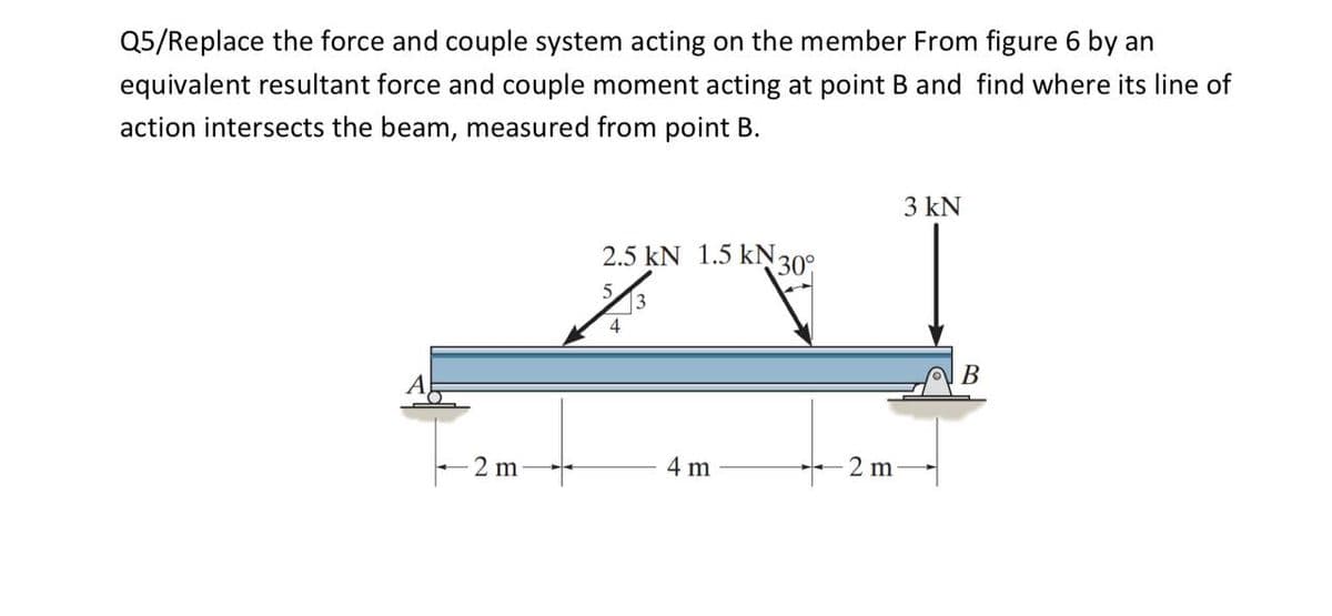 Q5/Replace the force and couple system acting on the member From figure 6 by an
equivalent resultant force and couple moment acting at point B and find where its line of
action intersects the beam, measured from point B.
-2 m
2.5 kN 1.5 kN 30°
2/3
4
4 m
2 m
3 kN
B