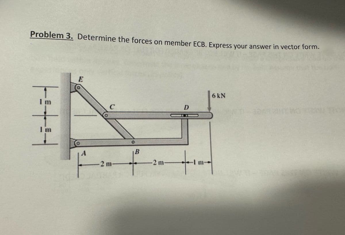Problem 3. Determine the forces on member ECB. Express your answer in vector form.
E
A
-2 m-
B
-2 m-
D
6 kN