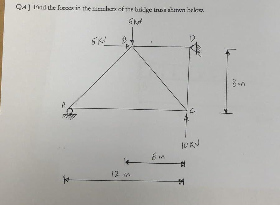 Q.4] Find the forces in the members of the bridge truss shown below.
5KN
5KN
A
K
1
12 m
8m
C
10 KN
#
k
8m