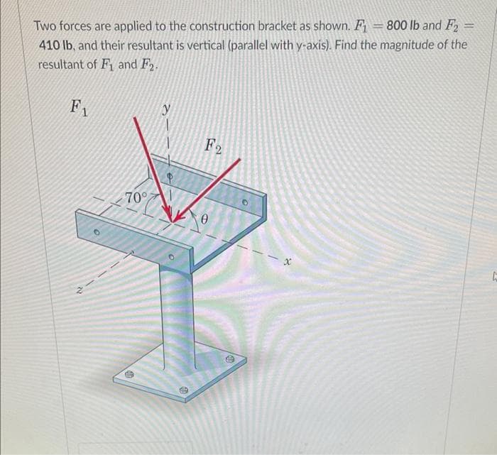 Two forces are applied to the construction bracket as shown. F₁ = 800 lb and F₂ =
-
410 lb, and their resultant is vertical (parallel with y-axis). Find the magnitude of the
resultant of F₁ and F2.
F₁
70°
11e
F2
0
Ľ