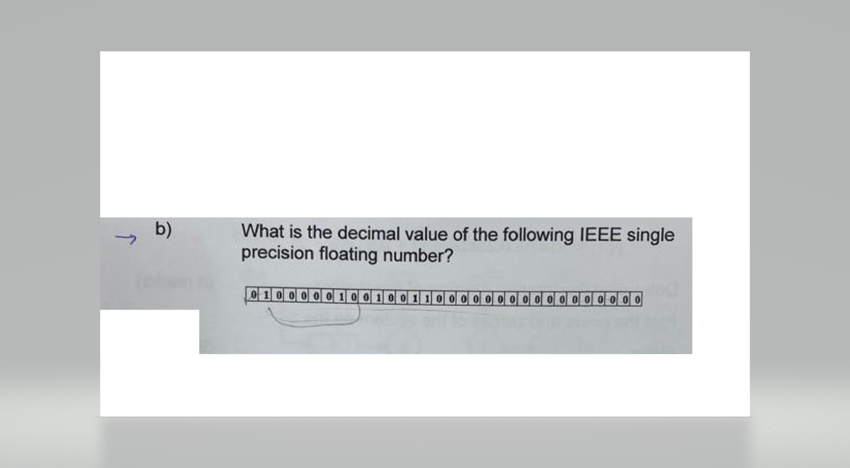 b)
What is the decimal value of the following IEEE single
precision floating number?
010 0 0 0 1 이미지이이이이이이이이이 0000000