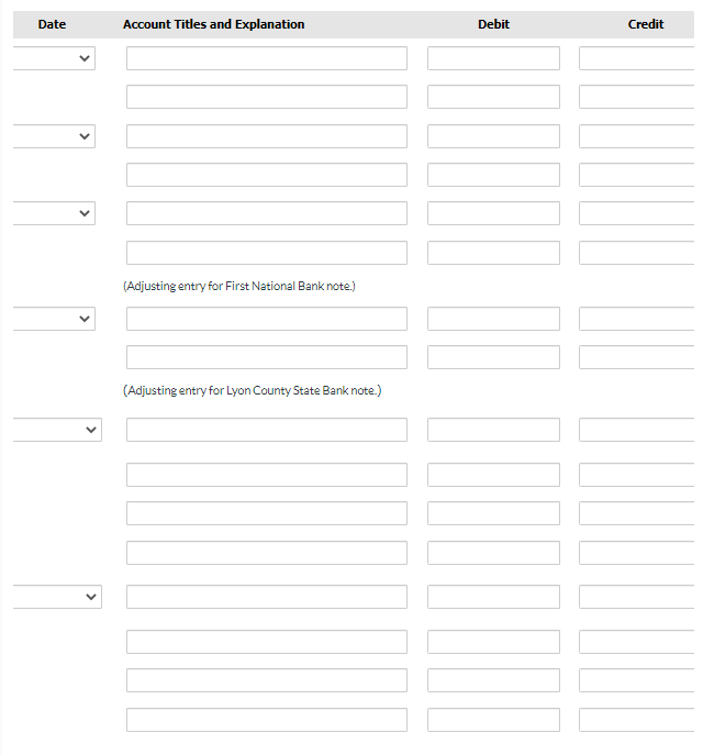 Date
<
Account Titles and Explanation
(Adjusting entry for First National Bank note.)
(Adjusting entry for Lyon County State Bank note.)
Debit
Credit