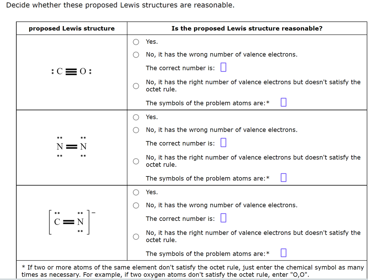 Decide whether these proposed Lewis structures are reasonable.
proposed Lewis structure
:C=0:
:Z:
:Z:
N=N
#]
C=N
Is the proposed Lewis structure reasonable?
Yes.
No, it has the wrong number of valence electrons.
The correct number is:
No, it has the right number of valence electrons but doesn't satisfy the
octet rule.
The symbols of the problem atoms are:*
Yes.
No, it has the wrong number of valence electrons.
The correct number is:
No, it has the right number of valence electrons but doesn't satisfy the
octet rule.
The symbols of the problem atoms are:*
Yes.
No, it has the wrong number of valence electrons.
The correct number is:
No, it has the right number of valence electrons but doesn't satisfy the
octet rule.
The symbols of the problem atoms are: *
* If two or more atoms of the same element don't satisfy the octet rule, just enter the chemical symbol as many
times as necessary. For example, if two oxygen atoms don't satisfy the octet rule, enter "0,0".