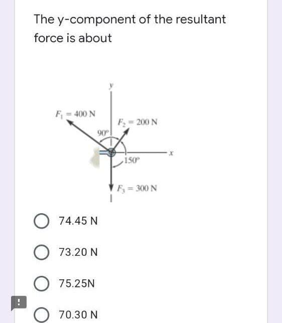 The y-component of the resultant
force is about
F= 400 N
F = 200 N
90
150
Fy = 300 N
74.45 N
O 73.20 N
O 75.25N
O 70.30 N
