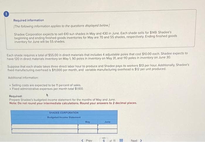 !
Required information
[The following information applies to the questions displayed below.]
Shadee Corporation expects to sell 610 sun shades in May and 430 in June. Each shade sells for $149. Shadee's
beginning and ending finished goods inventories for May are 70 and 55 shades, respectively. Ending finished goods
inventory for June will be 55 shades.
Each shade requires a total of $55.00 in direct materials that includes 4 adjustable poles that cost $10.00 each. Shadee expects to
have 120 in direct materials inventory on May 1, 90 poles in inventory on May 31, and 110 poles in inventory on June 30.
Suppose that each shade takes three direct labor hour to produce and Shadee pays its workers $13 per hour. Additionally, Shadee's
fixed manufacturing overhead is $11,000 per month, and variable manufacturing overhead is $12 per unit produced.
Additional information:
• Selling costs are expected to be 11 percent of sales.
.
• Fixed administrative expenses per month total $1,100.
Required:
Prepare Shadee's budgeted income statement for the months of May and June.
Note: Do not round your intermediate calculations. Round your answers to 2 decimal places.
SHADEE CORPORATION
Budgeted Income Statement
May
< Prev
June
8
Next >