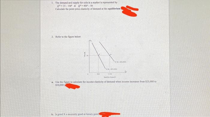 1. The demand and supply for cola in a market is represented by
Q-15-10P & 0-40P-50
Calculate the point price elasticity of demand at the equilibrium
2. Refer to the figure below
-
b. Is good X a necessity good or luxury good
1.100
70-$30,000
9
Quity
a. Use the figure to calculate the income elasticity of demand when income increases from $25,000 to
$30,000