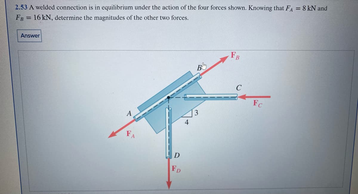 2.53 A welded connection is in equilibrium under the action of the four forces shown. Knowing that FA = 8 kN and
FB = 16 kN, determine the magnitudes of the other two forces.
Answer
A
A
D
FD
4
B
3
FB
C
Fc