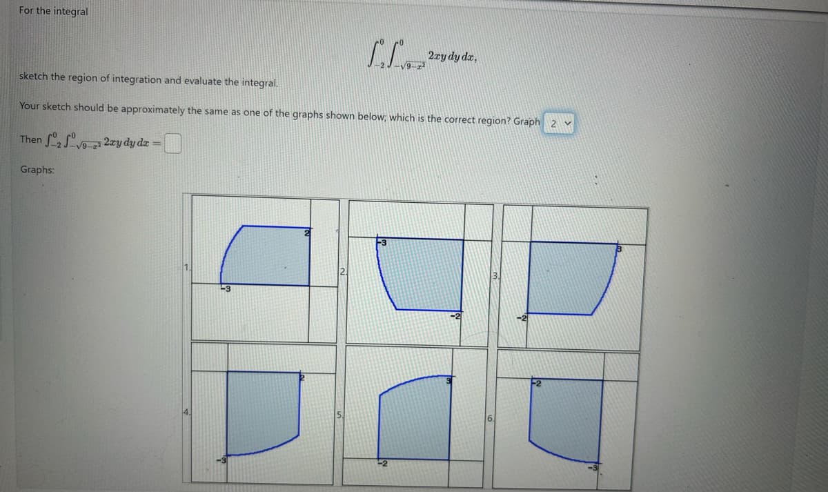 For the integral
2xy dy dx,
sketch the region of integration and evaluate the integral.
Your sketch should be approximately the same as one of the graphs shown below; which is the correct region? Graph 2
Then 2ry dy dz
Graphs:
-3
2
-2