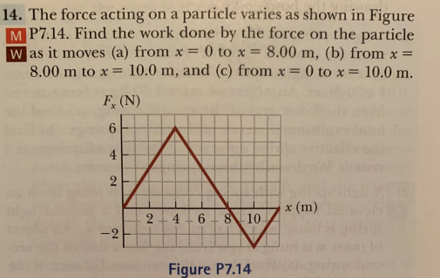 14. The force acting on a particle varies as shown in Figure
MP7.14. Find the work done by the force on the particle
Was it moves (a) from x = 0 to x = 8.00 m, (b) from x =
8.00 m to x = 10.0 m, and (c) from x = 0 to x = 10.0 m.
F, (N)
6
4
2
-2
2 4 6 8 10-
Figure P7.14
x (m)
HIGH ALTE